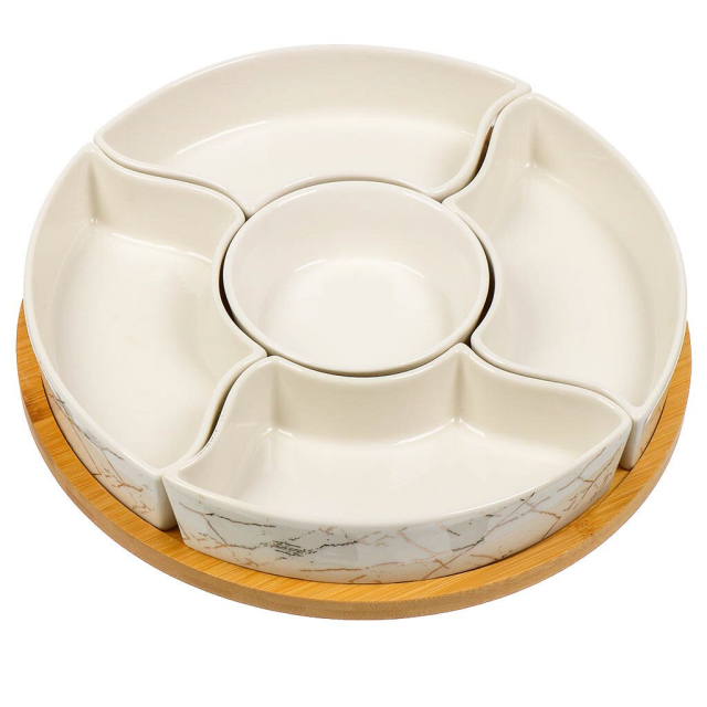 Керамическая сервировочная тарелка на бамбуковой подставке с мраморным узором,Керамическая сервировочная тарелка на бамбуковой подставке с мраморным узором
