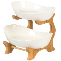 طبق تقديم سيراميكي مكون من طبقتين على رف من الخيزران,طبق تقديم سيراميكي مكون من طبقتين على رف من الخيزران