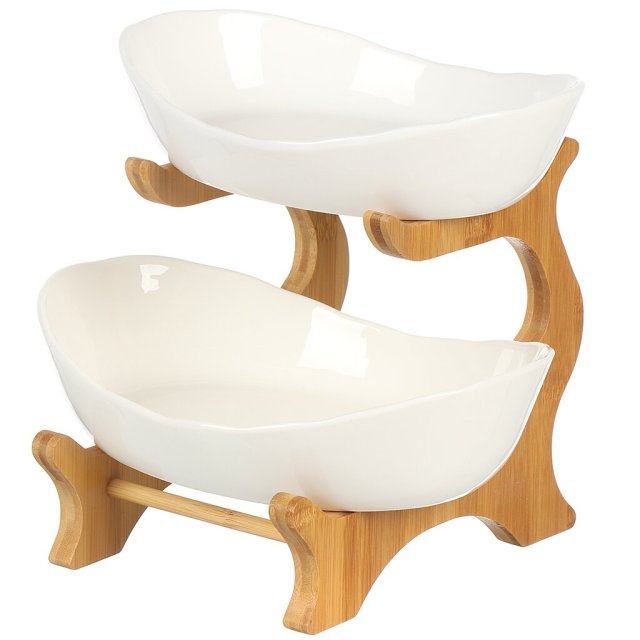 طبق تقديم سيراميكي مكون من طبقتين على رف من الخيزران,طبق تقديم سيراميكي مكون من طبقتين على رف من الخيزران