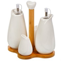 طقم توابل سيراميك أبيض مكون من 4 قطع على حامل من الخيزران,طقم توابل سيراميك أبيض مكون من 4 قطع على حامل من الخيزران