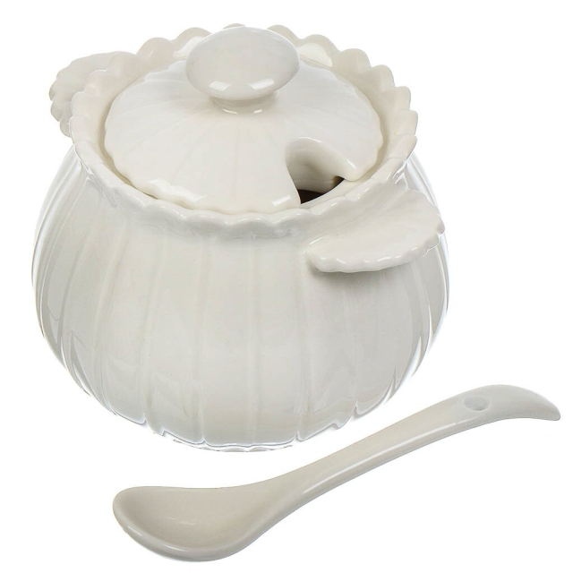 وعاء سكر سيراميك 10*8.9*8.4 سم مع ملعقة على حامل,وعاء سكر سيراميك 10*8.9*8.4 سم مع ملعقة على حامل