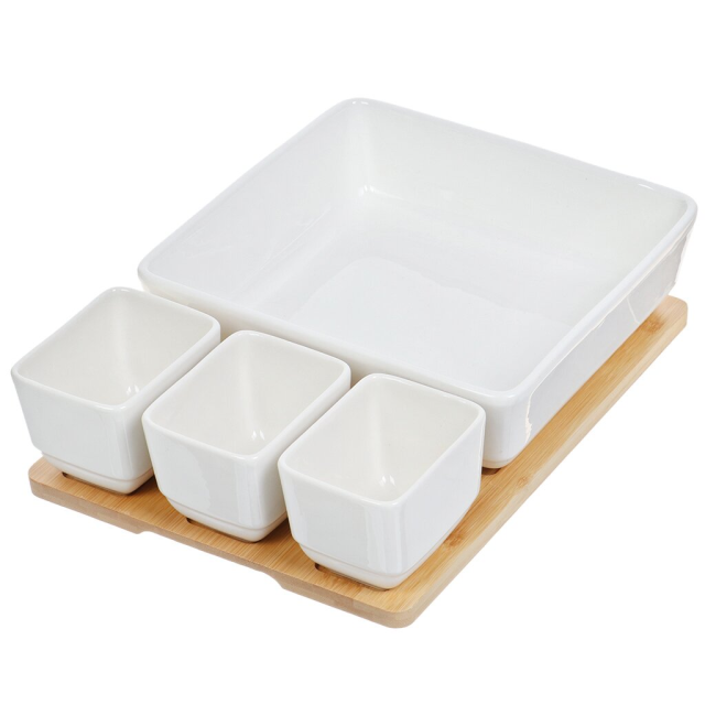 Керамическая тарелка на бамбуковой подставке, 4 части, 22*22*6 см,Керамическая тарелка на бамбуковой подставке, 4 части, 22*22*6 см