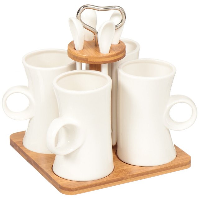 Керамический чайный набор 280 мл, 4 кружки на бамбуковой подставке,Керамический чайный набор 280 мл, 4 кружки на бамбуковой подставке