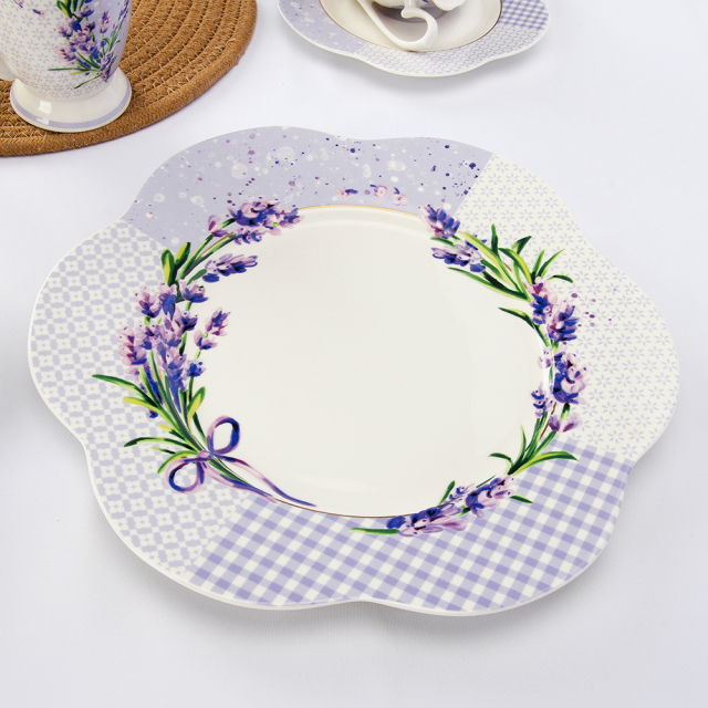 10.5" Pastoral Style Lavender Petal-Edged Ceramic Plate,10.5" Pastoral Style Lavender Petal-Edged Ceramic Plate