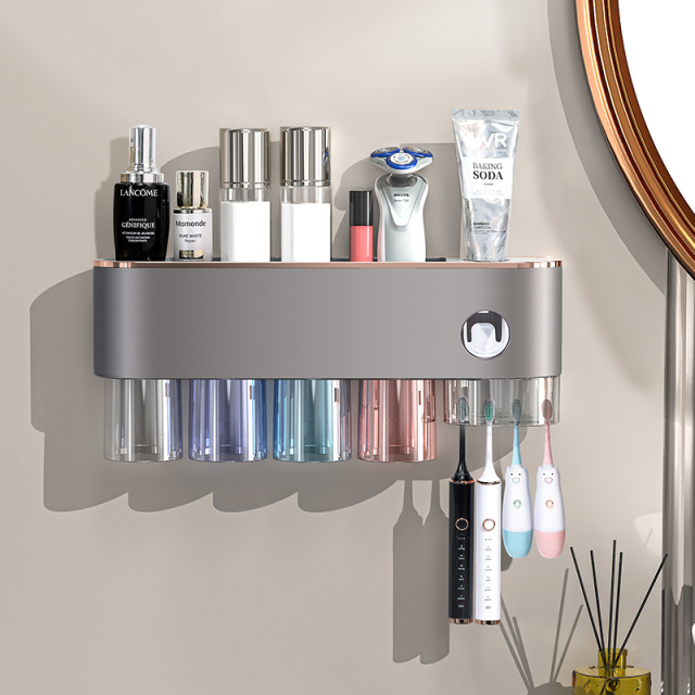 Gun gray toothbrush storage rack, bathroom non perforated mouthwash cup, dental cup wall mounted storage rack