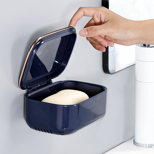 Wholesale Wall Mounted No Drilling Multifunctional Soap Box Household Storage Rack with Flip Cover Artifact for Bathroom