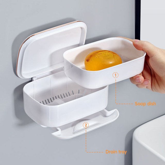 Wholesale Wall Mounted No Drilling Multifunctional Soap Box Household Storage Rack with Flip Cover Artifact for Bathroom