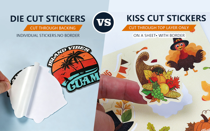 Die Cut vs Kiss Cut Stickers comparison showing cutting depth difference