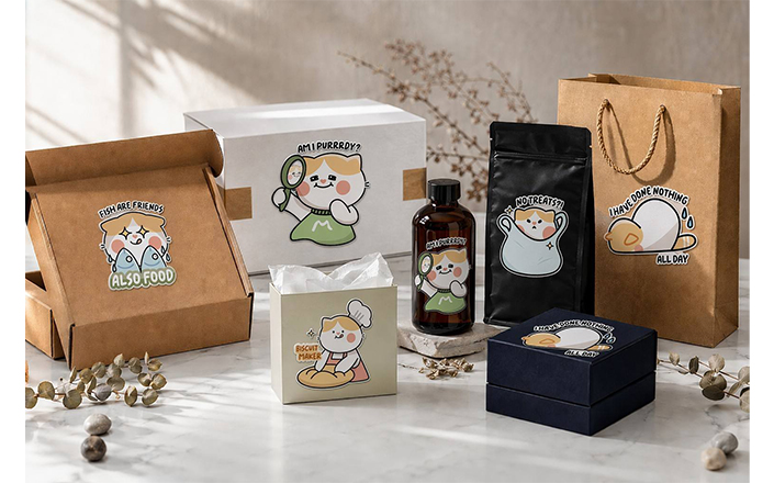 Custom die cut stickers applied on product packaging and laptops