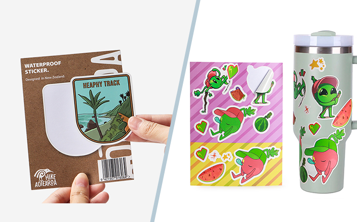 Kiss cut sticker sheet showing multiple stickers on backing paper