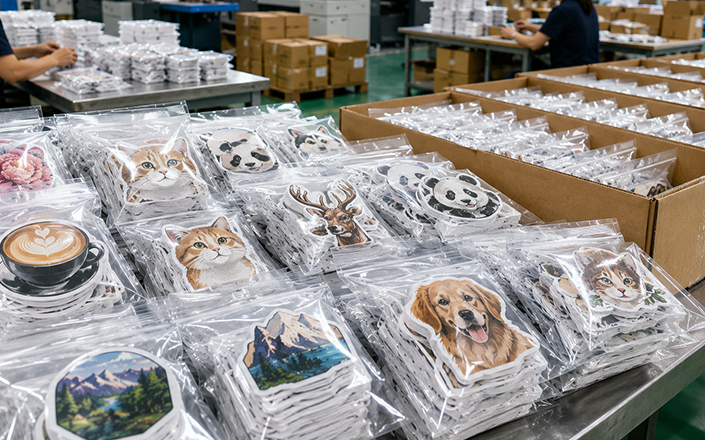 Bulk custom sticker rolls ready for shipping