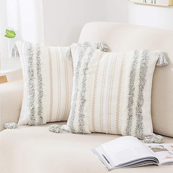 Boho tufted Pillow Covers-Light Grey and Cream White