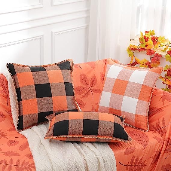 Buffalo Plaid Check Pillow Covers-Orange and Black
