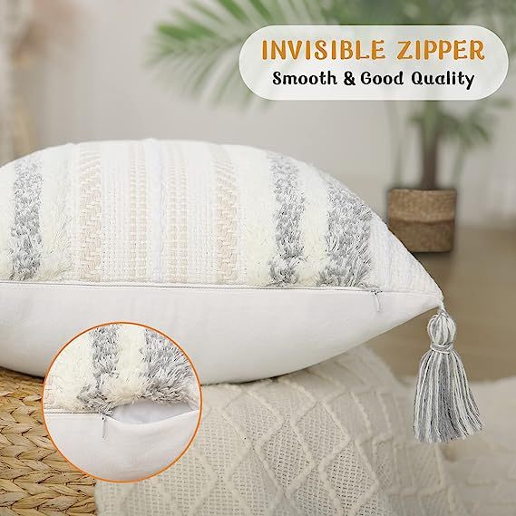 Boho tufted Pillow Covers-Light Grey and Cream White