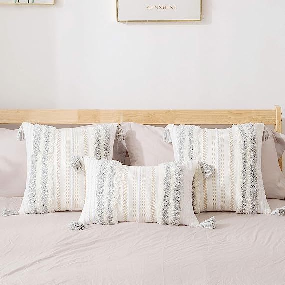 Boho tufted Pillow Covers-Light Grey and Cream White