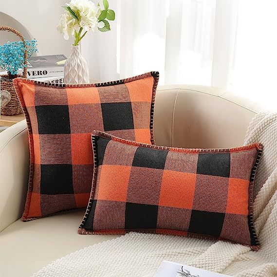 Buffalo Plaid Check Pillow Covers-Orange and Black
