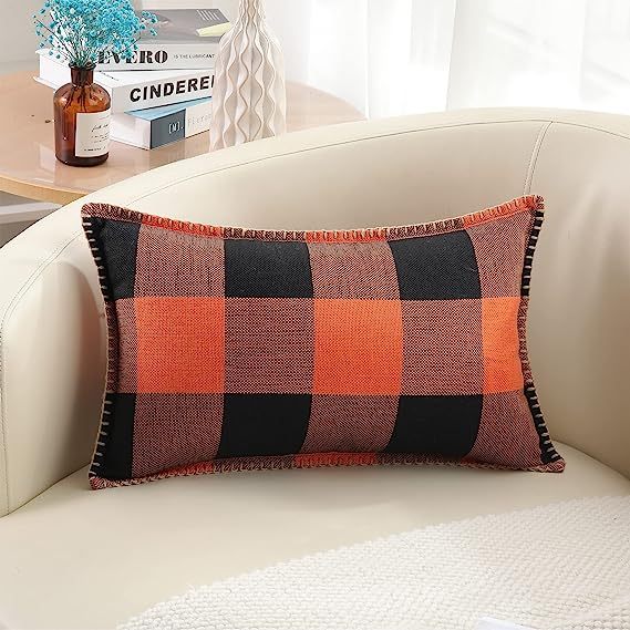 Buffalo Plaid Check Pillow Covers-Orange and Black