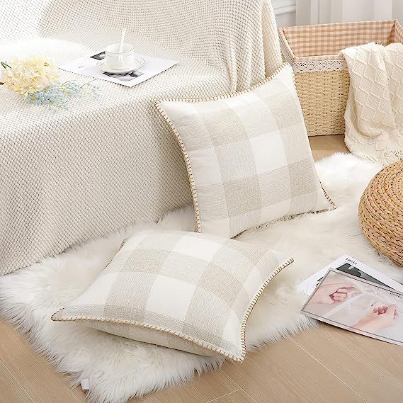 Buffalo Plaid Check Pillow Covers-Cream and White
