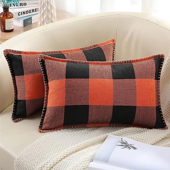 Buffalo Plaid Check Pillow Covers-Orange and Black