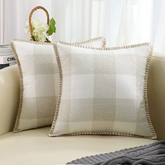 Buffalo Plaid Check Pillow Covers-Cream and White