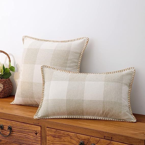 Buffalo Plaid Check Pillow Covers-Cream and White
