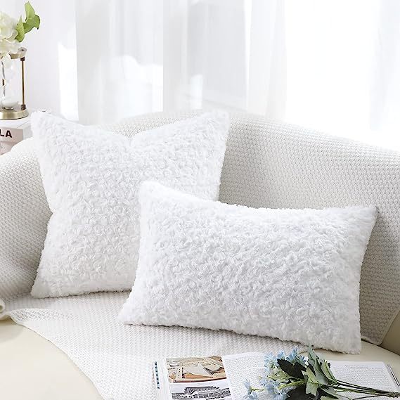 Fur Throw Pillow Covers 3D Rose Pattern-Bright White