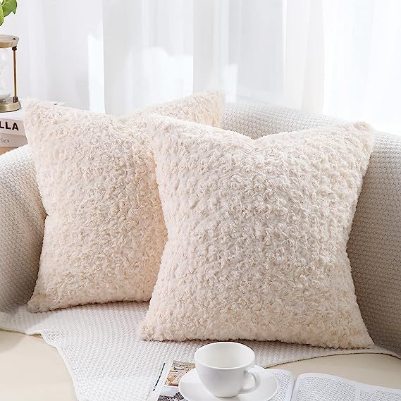 Fur Throw Pillow Covers 3D Rose Pattern-Cream Beige