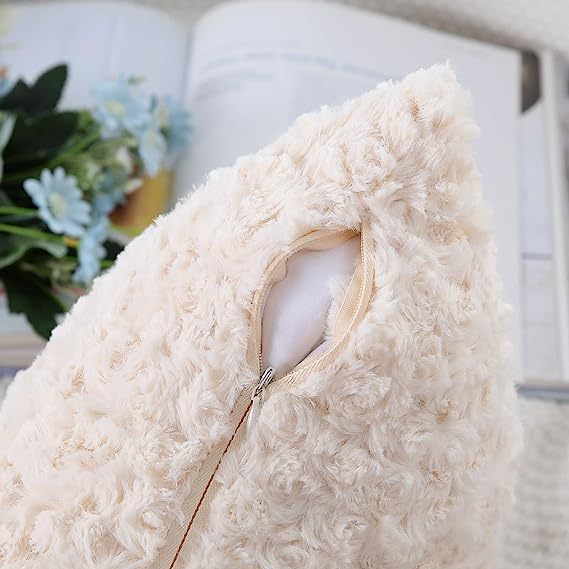 Fur Throw Pillow Covers 3D Rose Pattern-Cream Beige