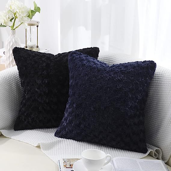 Fur Throw Pillow Covers 3D Rose Pattern-Black