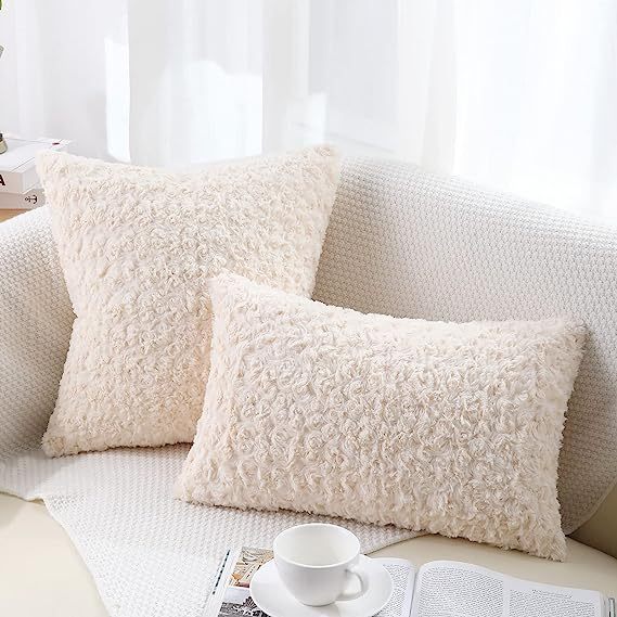 Fur Throw Pillow Covers 3D Rose Pattern-Cream Beige