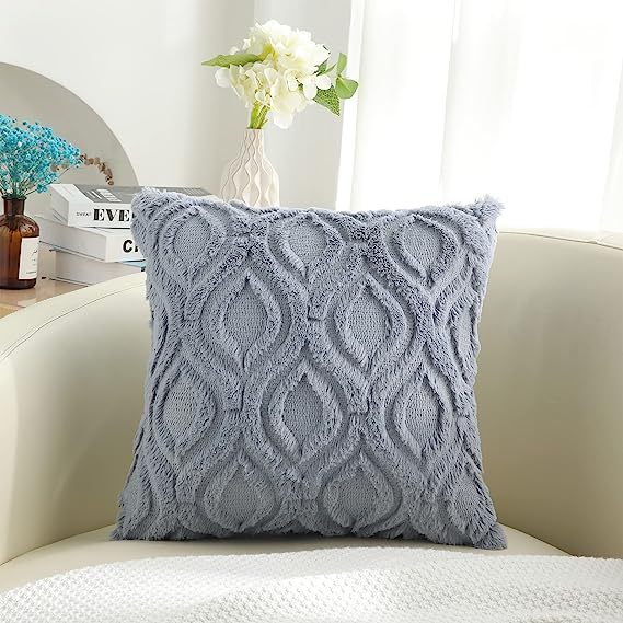 Plush Faux Wool Couch Pillow Covers-Blue Grey