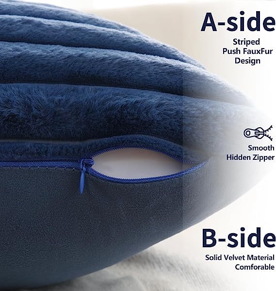 Fluffy Striped Decorative Pillow Covers-Navy Blue