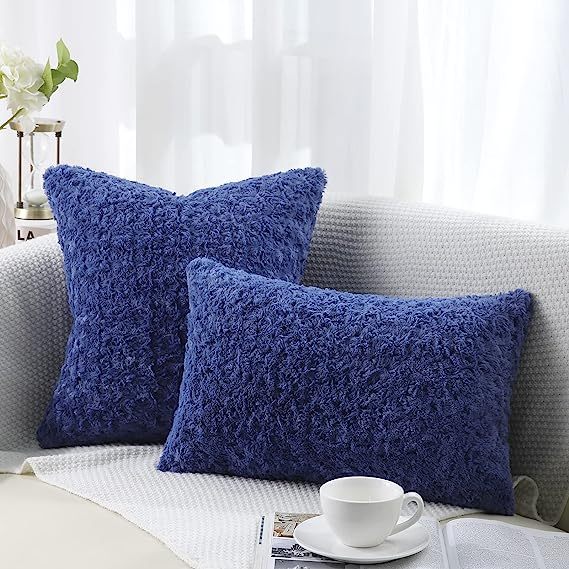 Fur Throw Pillow Covers 3D Rose Pattern-Blue