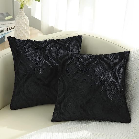 Plush Faux Wool Couch Pillow Covers-Black