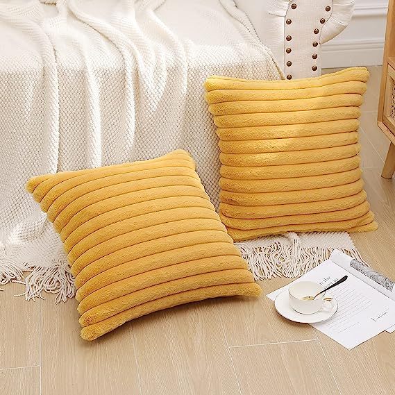 Fluffy Striped Decorative Pillow Covers-Mustard Yellow
