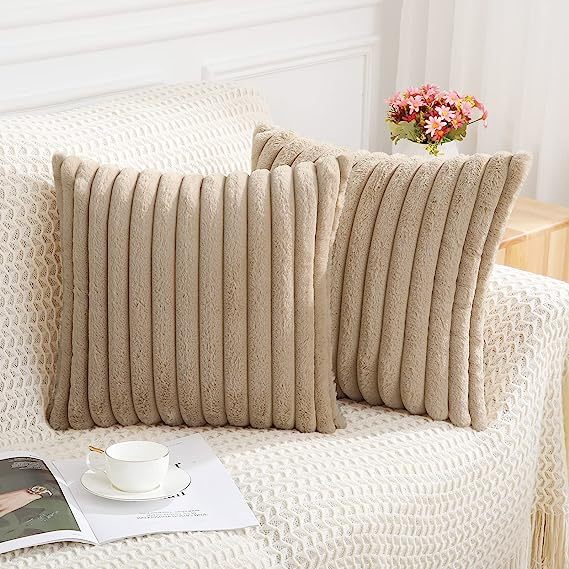 Fluffy Striped Decorative Pillow Covers-Khaki