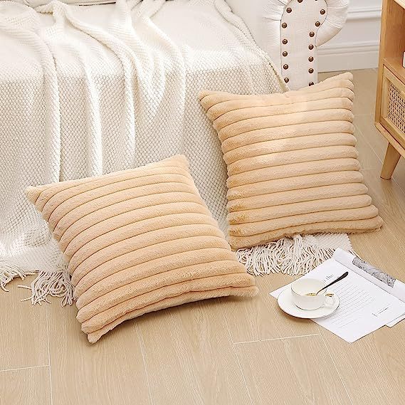 Fluffy Striped Decorative Pillow Covers-Beige