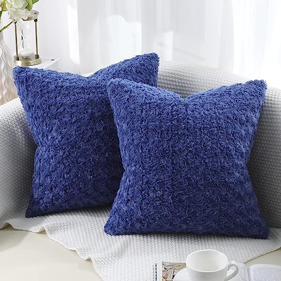 Fur Throw Pillow Covers 3D Rose Pattern-Blue