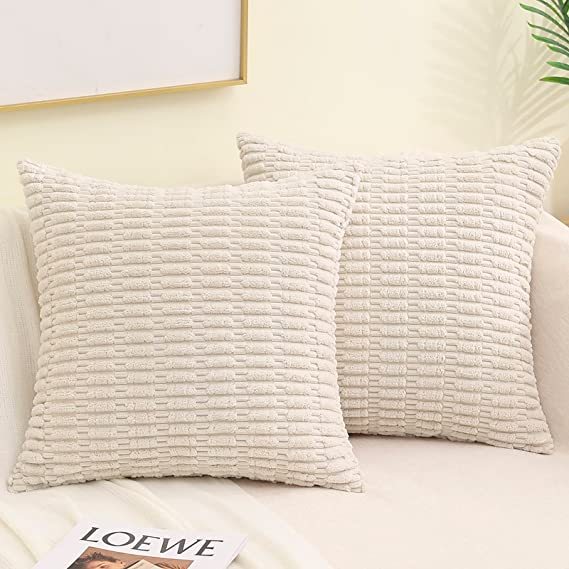 Corduroy Striped Square Pillow Covers-Cream White