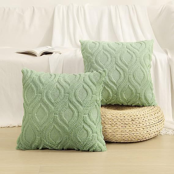 Plush Faux Wool Couch Pillow Covers-Sage Green