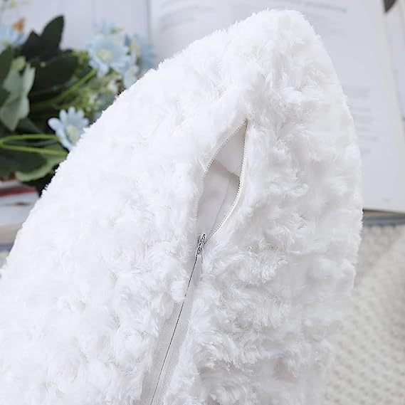 Fur Throw Pillow Covers 3D Rose Pattern-Bright White