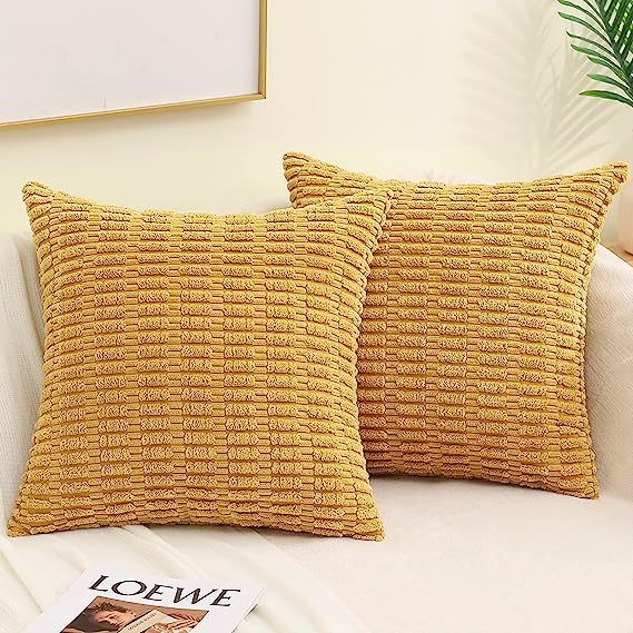 Corduroy Striped Square Pillow Covers-Mustard Yellow