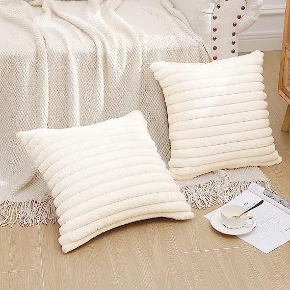 Fluffy Striped Decorative Pillow Covers-Cream White