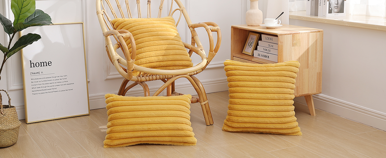 Fluffy Striped Decorative Pillow Covers-Mustard Yellow