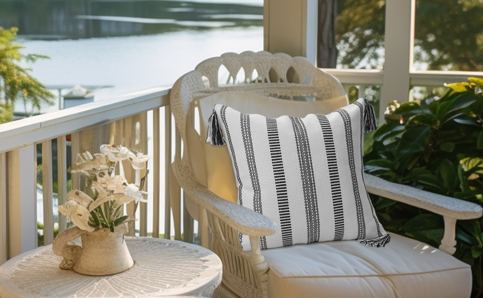 Decorative Woven Striped Pillow Covers with Tassels-Black