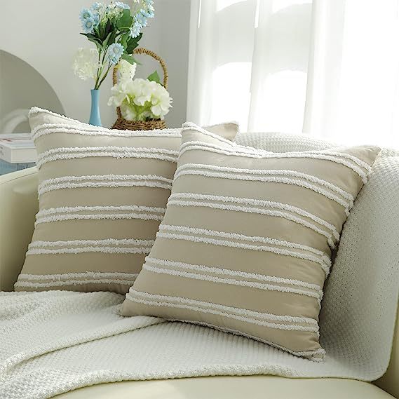 Neutral Striped Pillow Covers-Tan