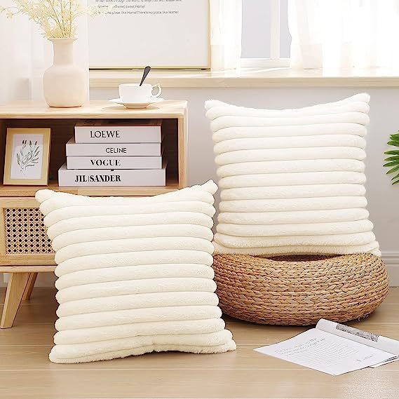 Fluffy Striped Decorative Pillow Covers-Cream White