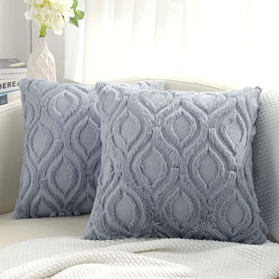 Plush Faux Wool Couch Pillow Covers-Blue Grey