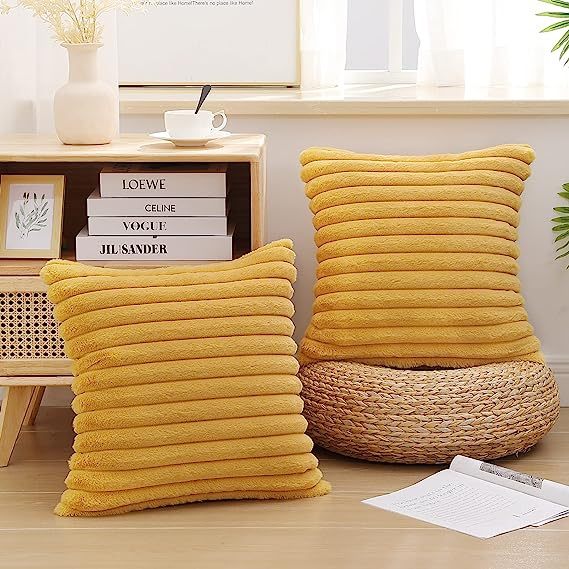Fluffy Striped Decorative Pillow Covers-Mustard Yellow