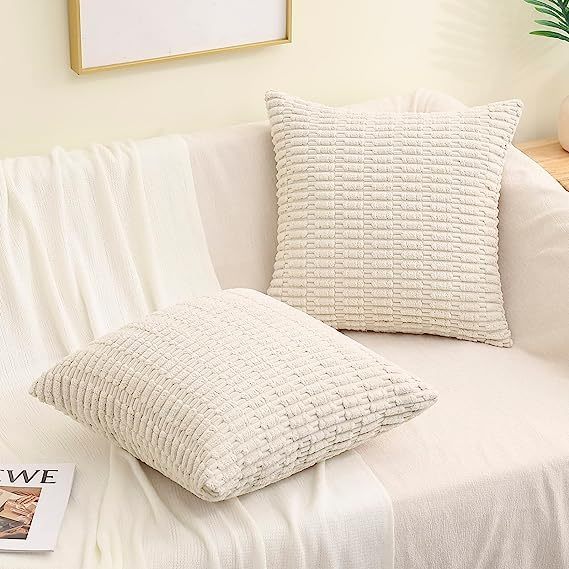 Corduroy Striped Square Pillow Covers-Cream White
